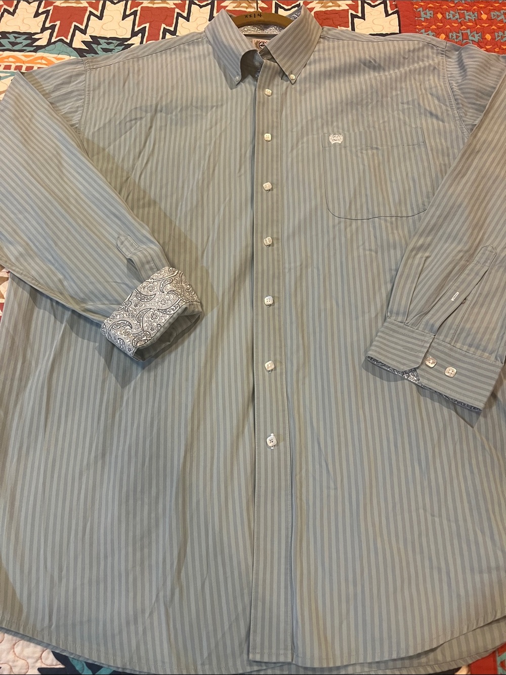 Cinch Men's Light Blue and White Striped Dress Shirt with Paisley Cuffs